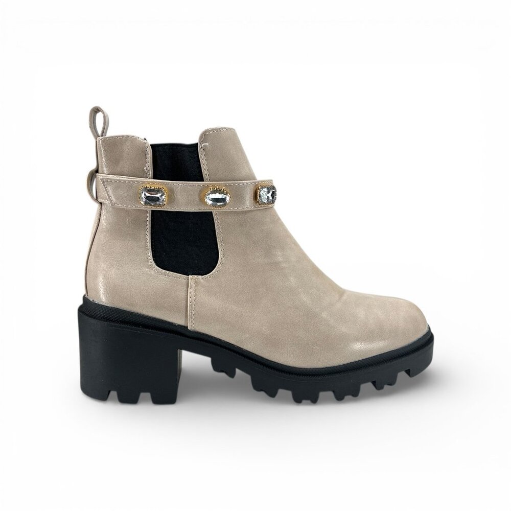 Nicole Miller New York Beige Jeweled Lug Sole Chelsea Boots Faux Leather Size 10